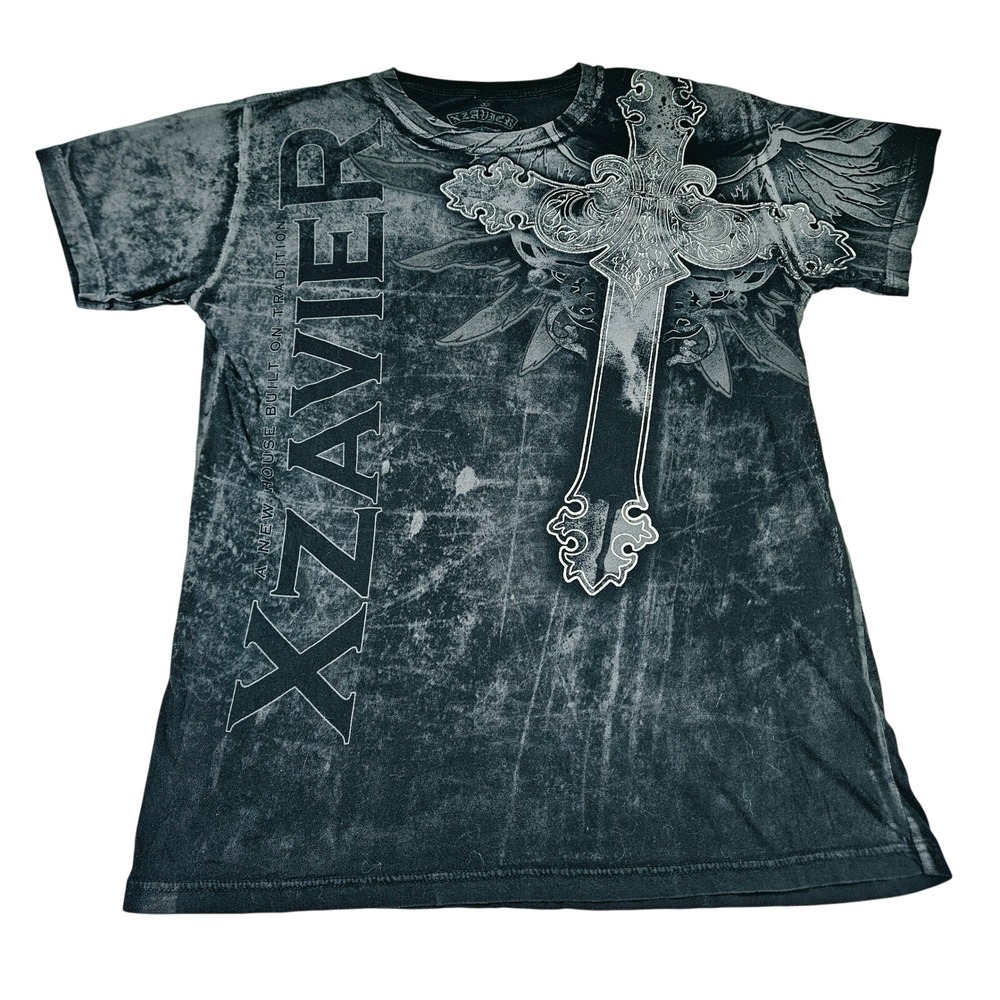 Xzavier Black Acid Wash Cross Wings Graphic T-Shirt Large Gothic MMA Biker Tee